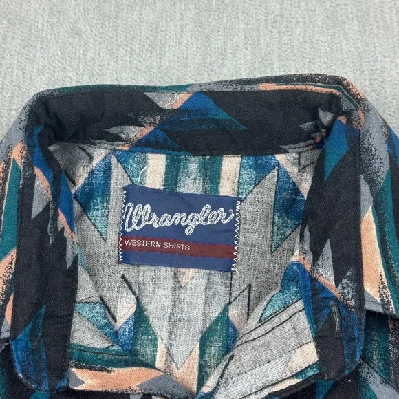 Vintage‎ Wrangler Shirt Mens Large Black Blue Aztec Snap Western Rodeo Cowboy